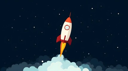 Illustration of a rocket in space concept. Flat illustration of a rocket in space with clouds, stars and planets