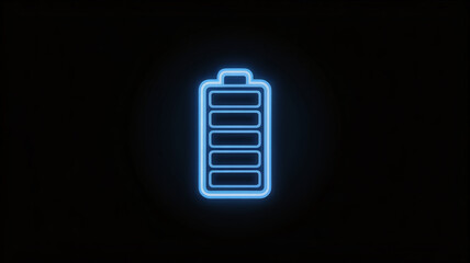 A glowing blue neon battery icon on a black background, representing power, energy, and charging status