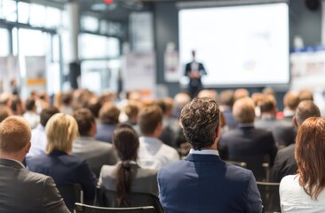 Professional Business Conference with Audience Listening to Presentation in Modern Venue