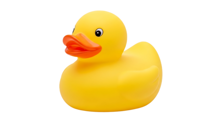 Classic yellow rubber duck toy with an orange beak on transparent background