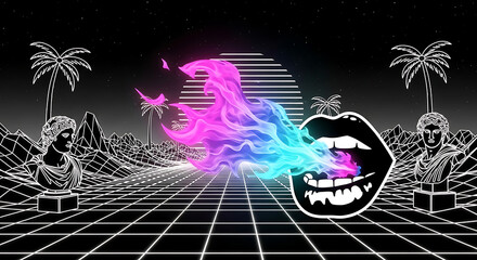 Retro landscape with busts, palm trees, grid, and lips exhaling colorful vaporwave fire effect