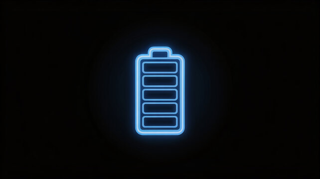 A glowing blue neon battery icon on a black background, representing power, energy, and charging status