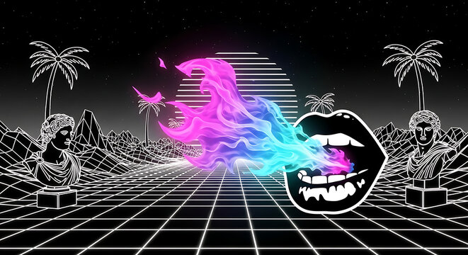 Retro landscape with busts, palm trees, grid, and lips exhaling colorful vaporwave fire effect