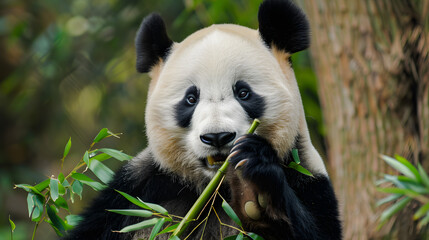 Fototapeta premium Giant Pandas Feeding in Bamboo Forest: Black-and-White Bears Chewing Fresh Bamboo Shoots, Tender Leaves & Stalks—Lazy, Cute Foraging Behavior in Dense Bamboo Groves of Sichuan/Wolong National Nature R