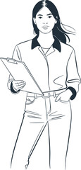 Confident woman holding clipboard line art illustration, business professional character design, leadership concept, office management, modern minimal drawing