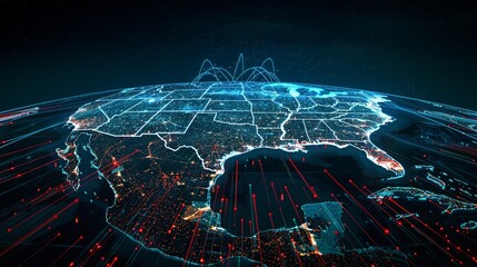 Global network connections light up United States, showing digital future