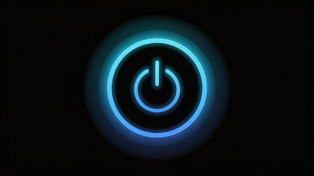 A glowing blue power button symbol on a dark background, representing technology, energy, and the start or stop of a device - Powered by Adobe