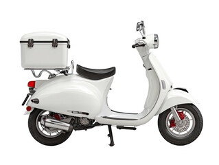 Glossy, white two-wheeled vehicle with a matching top case, set against a solid black backdrop