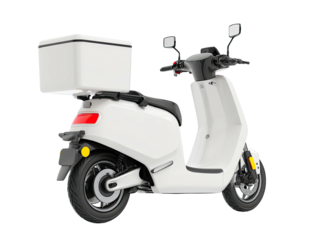 A white electric scooter with a delivery box, ideal for urban transportation
