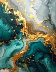 Abstract fluid art with gold accents and teal tones