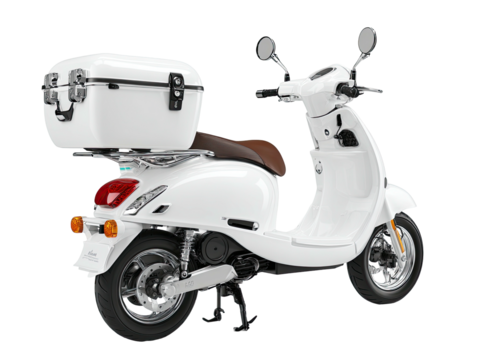 Sleek white two-wheeled vehicle, with a rear-mounted storage compartment and brown seat