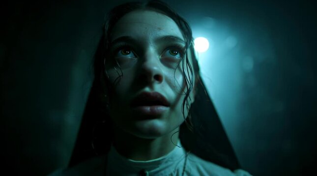 Paranormal. Cinematic scene of a girl in white dress carefully walking in a dark dungeon with a shadowy figure behind her. Horror. A frightened person. Spectre