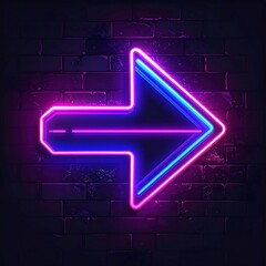 Neon arrow sign on dark brick wall