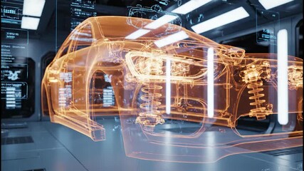 Futuristic Car Manufacturing Process with Robotic Arms and Holographic Vehicle Display. - Powered by Adobe
