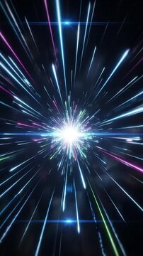 A dynamic abstract animation with vibrant blue, pink, and purple light streaks bursting from a central glow. This futuristic visual depicts high-speed travel through a digital tunnel, symbolizing rapi