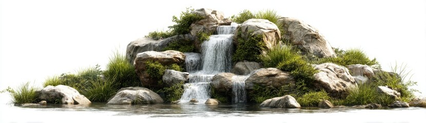 Serene natural landscape with flowing waterfall surrounded by rocks and greenery