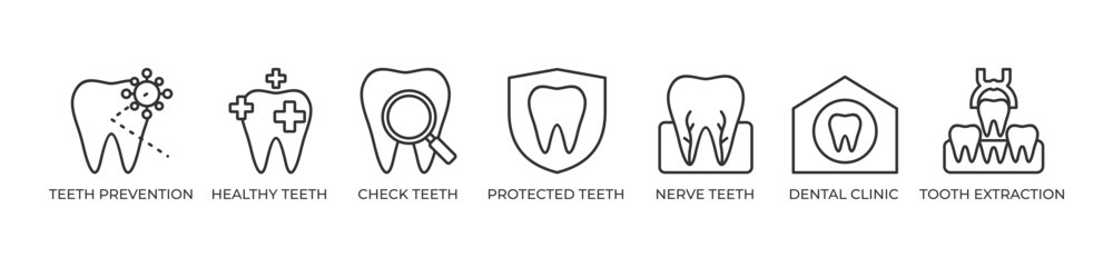 Complete Dental Care for Healthy Teeth Icons set vector illustration outline with Teeth prevention, Healthy teeth, Check teeth, Protected teeth, Nerve teeth, Dental clinic, Tooth extraction