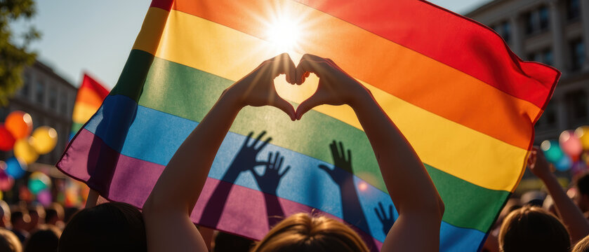 Celebration of diversity and love with rainbow flag, hands forming heart shape, vibrant colors, and joyful atmosphere - Powered by Adobe