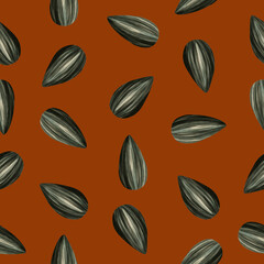 Seamless watercolor pattern with sunflower seeds and grains. Ideal for packaging, textiles, wrapping paper and healthy food design.