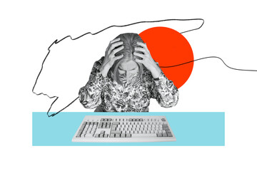Collage 3d image of pinup pop retro sketch of tired mature female keyboard working office deadline unusual fantasy billboard comics