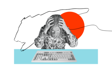 Collage 3d image of pinup pop retro sketch of tired mature female keyboard working office deadline unusual fantasy billboard comics