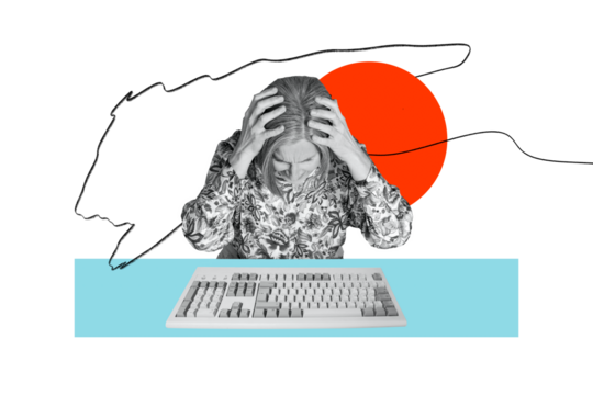 Collage 3d image of pinup pop retro sketch of tired mature female keyboard working office deadline unusual fantasy billboard comics