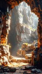 Sunlight streams through a rocky canyon's archway