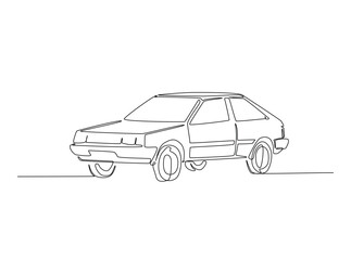 Fototapeta premium Retro car in single outline illustration. Continuous line art drawing of old car in the road. Editable stroke.