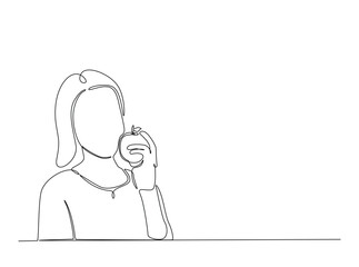 Woman eating fresh fruit in single outline illustration. Continuous line art drawing of woman enjoying fresh apple, vegan concept. Editable stroke.