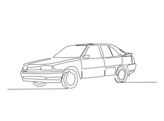 Retro car in single outline illustration. Continuous line art drawing of old car in the road. Editable stroke.