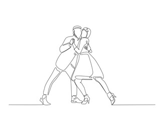 Rimantic couple dancing in single outline illustration. Continuous line art drawing of Happy couple dancing. Editable stroke.
