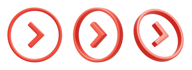 丸で囲まれた三角矢印の3DCGイラスト。様々な角度から見た矢印のバラエティセット。ボタンのUIアイコン