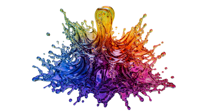 3d icon of colorful water splash with vibrant hues isolated on transparent background, creating a dynamic and artistic effect