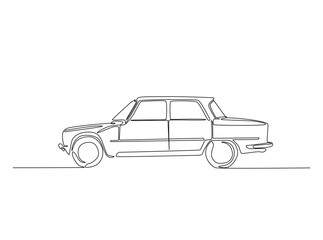 Retro car in single outline illustration. Continuous line art drawing of old car in the road. Editable stroke.