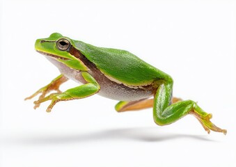 Obraz premium Green frog in a dynamic pose against white