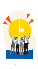 Collage of happy business team celebrating success together under abstract bright symbol. Concept...