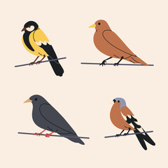 Four stylized birds of different colors and markings perched on thin branches against a light beige background.
