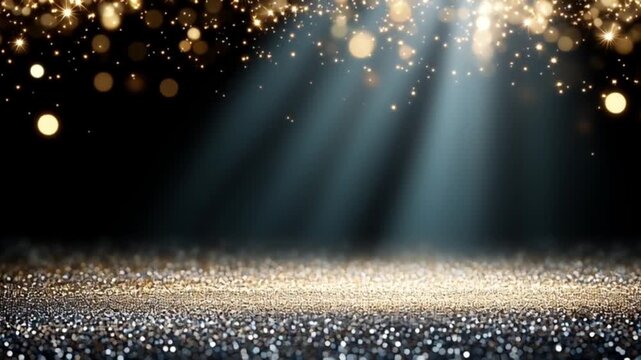 A glamorous and sparkling golden light background with shining stars and glowing bokeh creating a magical and festive atmosphere