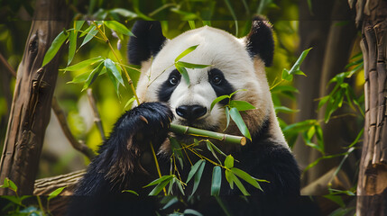 Fototapeta premium Giant Pandas Feeding in Bamboo Forest: Black-and-White Bears Chewing Fresh Bamboo Shoots, Tender Leaves & Stalks—Lazy, Cute Foraging Behavior in Dense Bamboo Groves of Sichuan/Wolong National Nature R