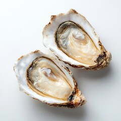 Two open oysters on a white surface.  Fresh,  delicious,  seafood,  delicacy,  shellfish,  sea