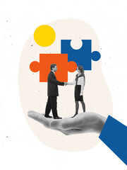 Creative digital artwork. Business handshake supported by large hand and puzzle pieces symbolizing trust. Concept of partnership, support, and reliability for banking, and teamwork communication.