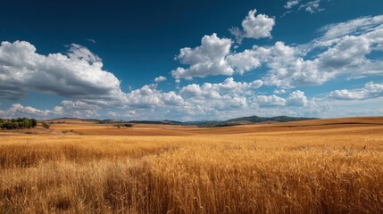 Stunning photo of vast golden wheat field under a bright blue sky with fluffy clouds.