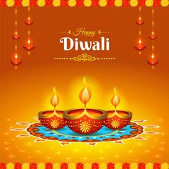 Vector illustration of Happy Diwali greeting social media template with beautiful diya