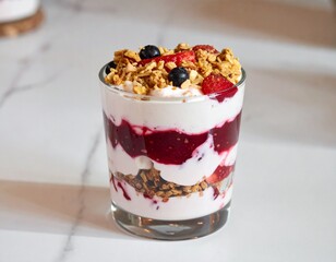 Berry Yogurt Parfait with Granola Layers Served in Glass Cup for Premium Dessert Object and Healthy Gourmet Concept