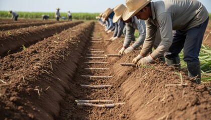 Closeup medium shot featuring workers arranging sugarcane sets in deep furrows highlighting soil texture and planting precision under natural daylight.