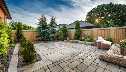 Obraz premium beautifully landscaped backyard with stone patio and fence