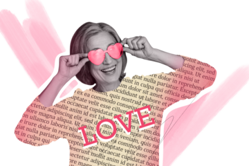 Composite trend artwork sketch image photo collage of valentine day holiday date love aged lady girlfriend hand hold heart shape eyewear