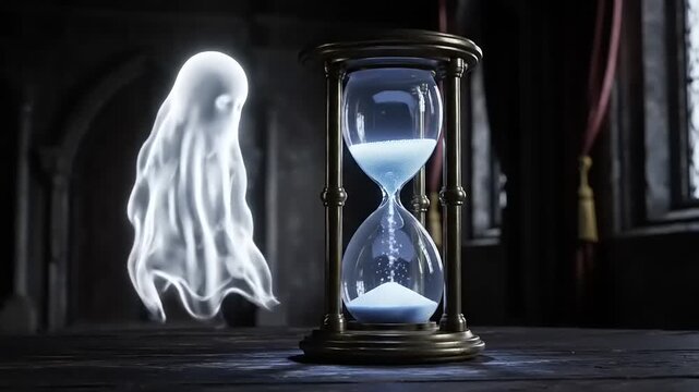 Ghost floats beside hourglass in dark room, symbolizing time passing and mortality with ethereal glow and somber mood.