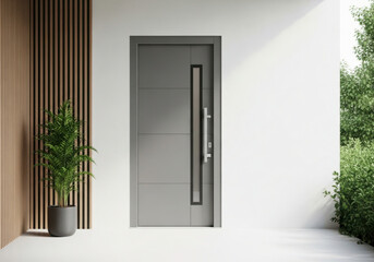 Modern entryway with sleek door and greenery