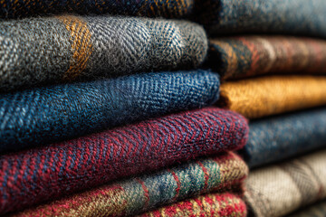 Stack of folded colorful autumn cozy fabric layers texture close up detail.